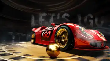 Red retro car with the Kush Casino logo in a classic race setting, complemented by a golden ball.