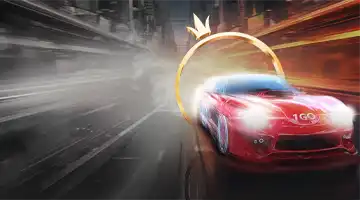 Red sports car on a city road adorned with the Kush Casino logo and surrounded by a golden ring.