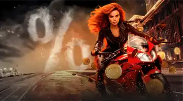 Promotional banner for cashback by Kush Casino, featuring a woman on a motorcycle in a dynamic pose with gold coins in the background.