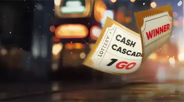 Lottery ticket with the text Cash Cascade and Winner from Kush Casino, highlighted by city lights in the background.